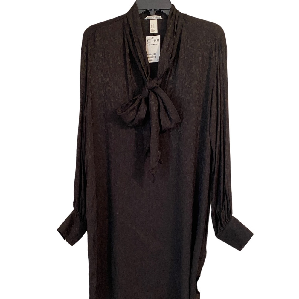H&M Black Leopard Jacquard Secretary Tie Shirtdress Tunic Viscose sz 10 NWT